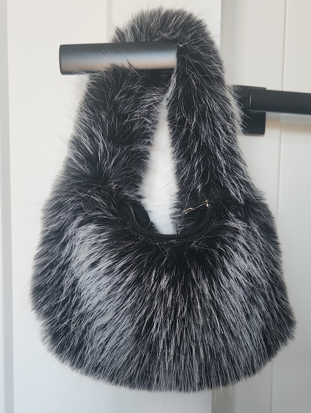 Faux Fur Hobo Bag in Black & Silver - Women's Fashion Accessory